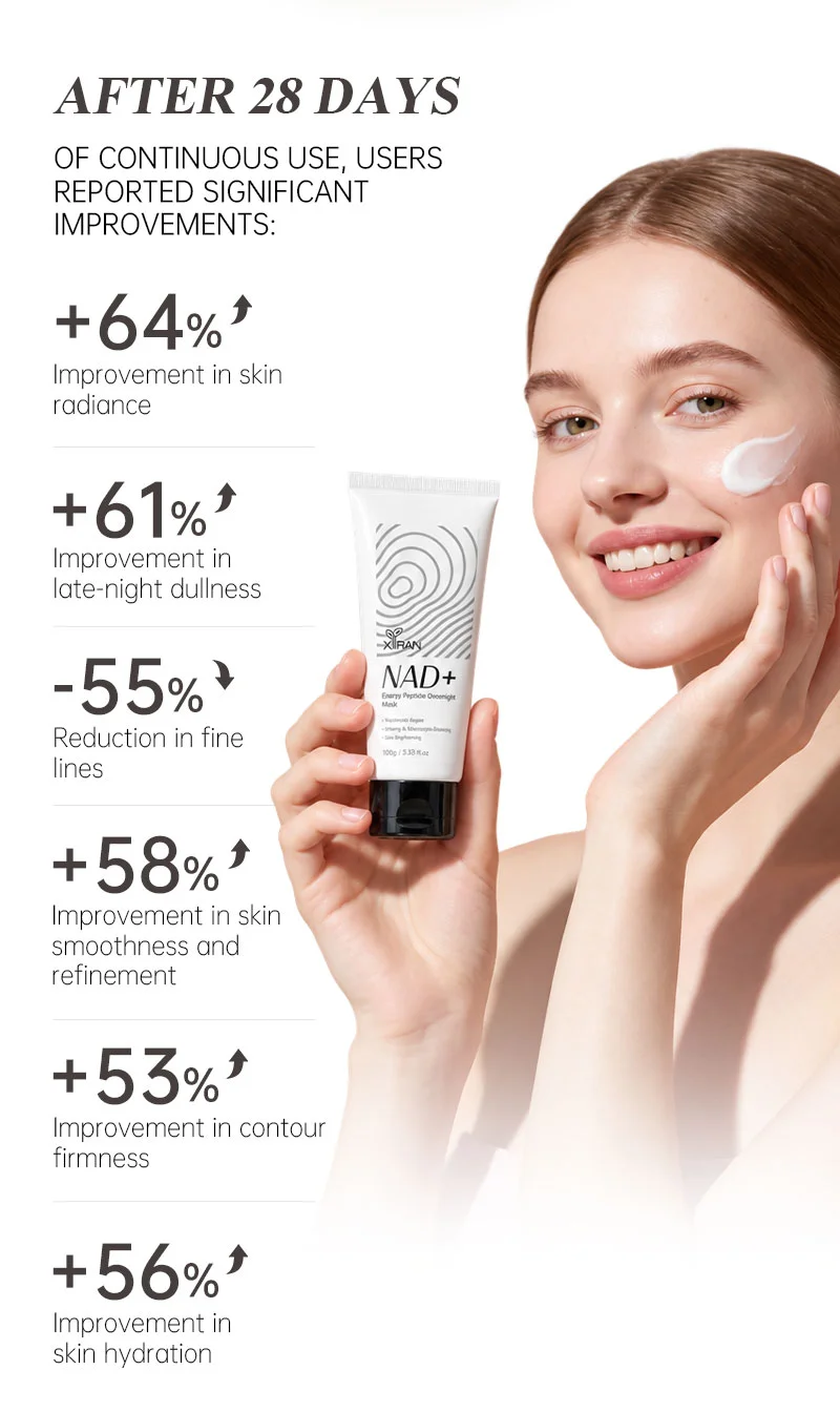 Smiling woman applying a cream on her cheek while holding a skincare product tube labeled NAD+ with text showing 28-day improvement percentages.